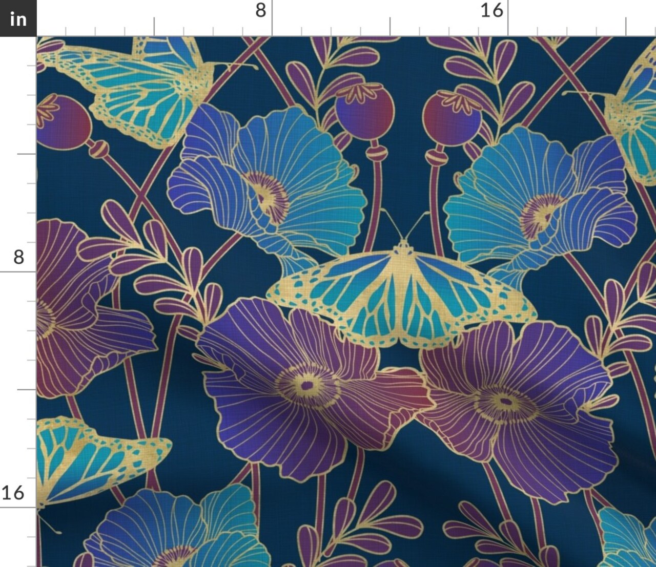 Jewel Tone Poppies Art Nouveau Poppy And Butterfly Blue Aqua Purple Large Scale Floral Custom Printed Fabric by Spoonflower Various Fabrics by the Yard or Fat Quarter